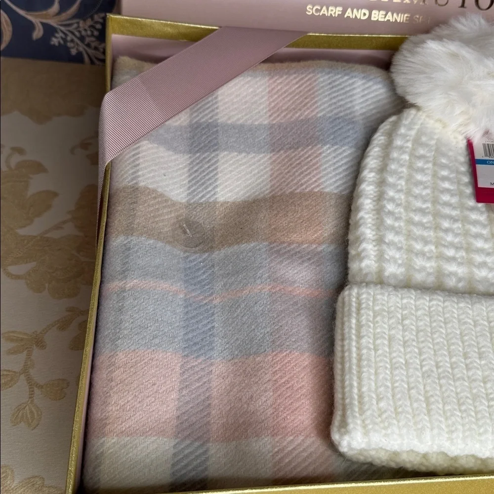 Vince Camuto White Beanie and Pastel Plaid Scarf Set